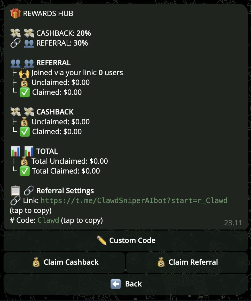 Clawd Agents — Rewards / Referral menu with link, tier, and earnings
