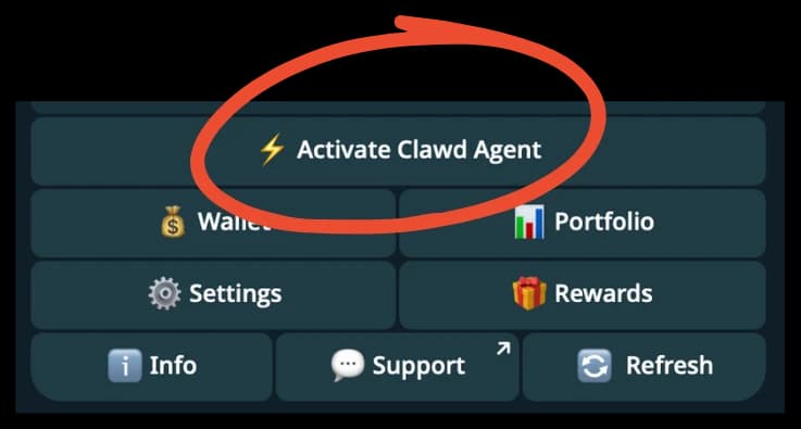 Clawd Agents — tap Activate Clawd Agent from the bot menu