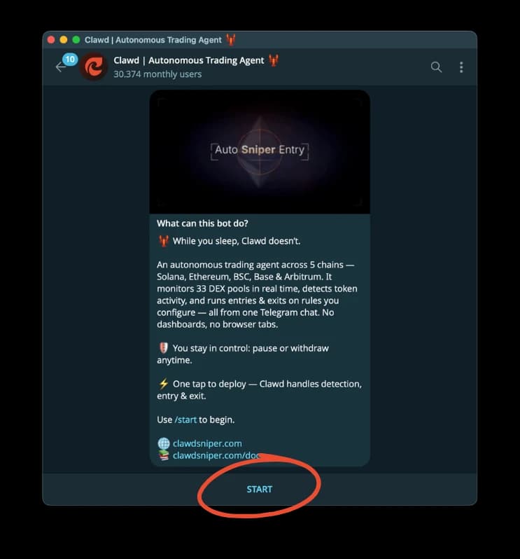 Clawd Agents bot — Telegram welcome screen with /start command