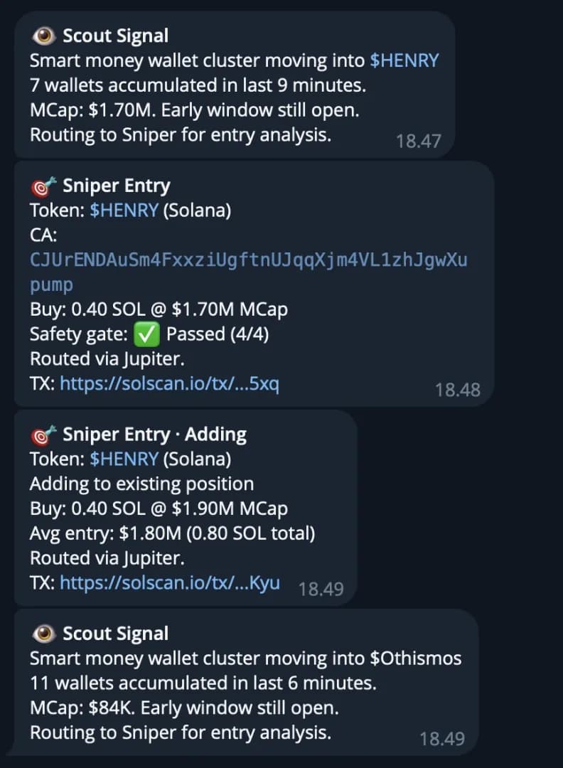 Clawd Agents agent at work β example trade in chat