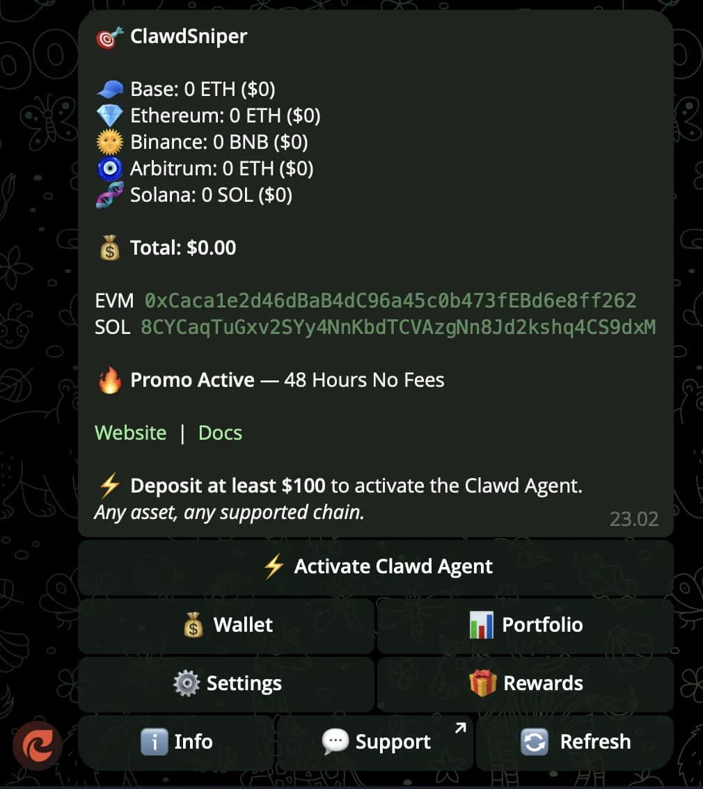 Clawd Agents โ main UI on /start, wallet generated