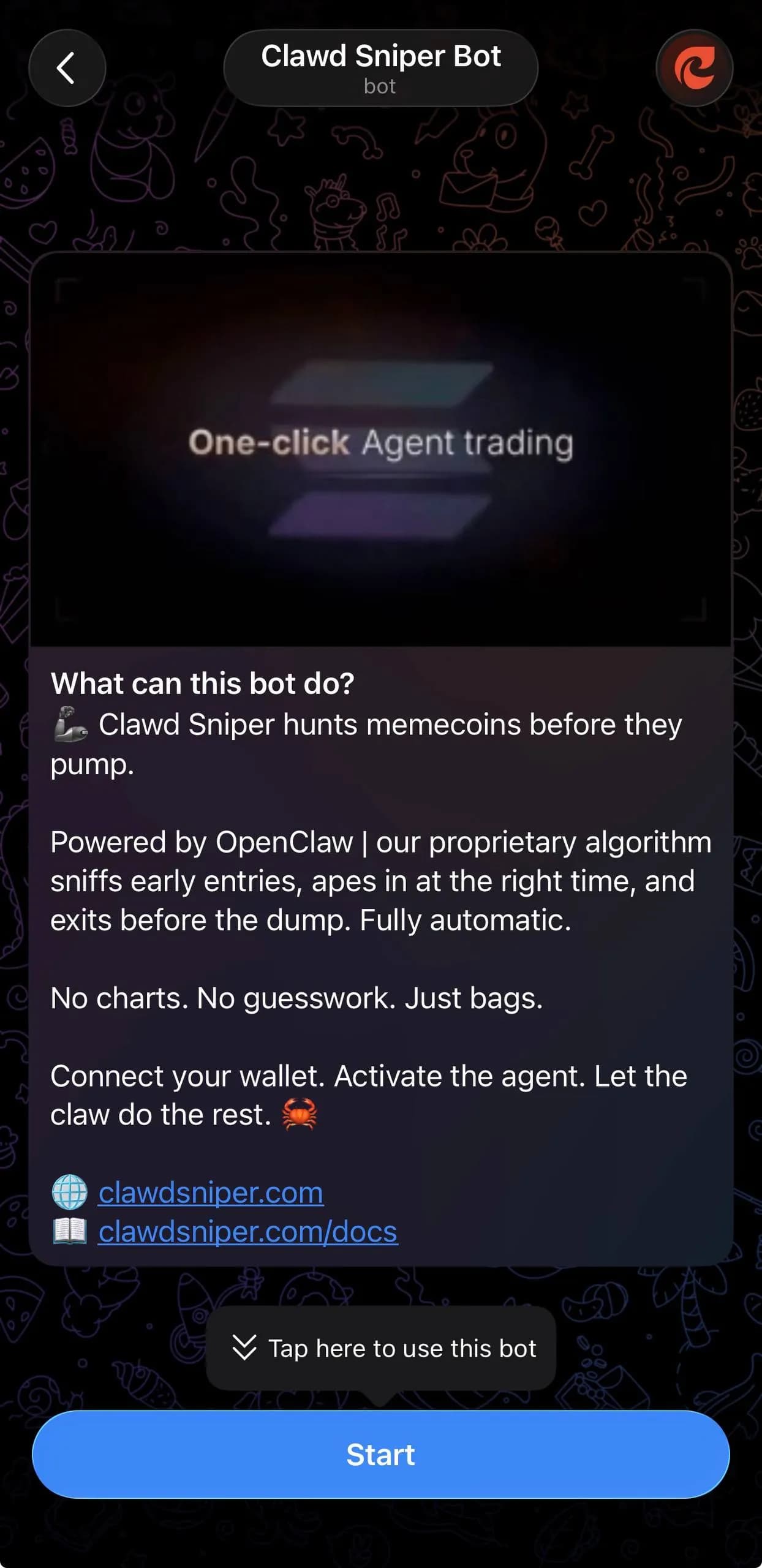 Clawd Agents bot β Telegram welcome screen with /start command