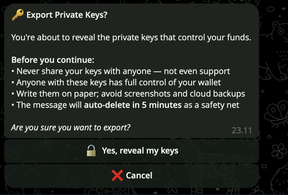 Clawd Agents โ Export Private Key reveal screen