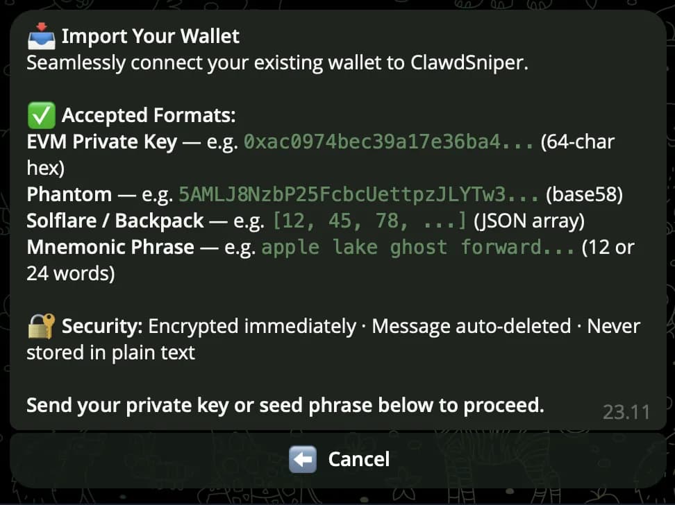 Clawd Agents โ Import Wallet screen with credential prompt